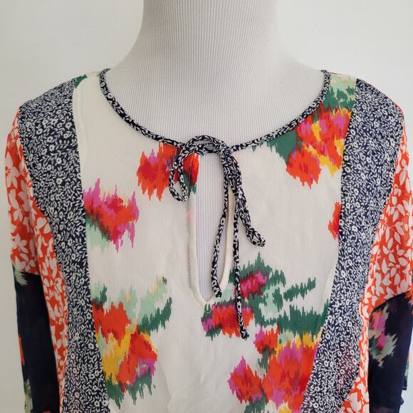 Joie Silk Patchwork Blouse Floral Boho Semi-Sheer Orange White Women Medium - Picture 4 of 11